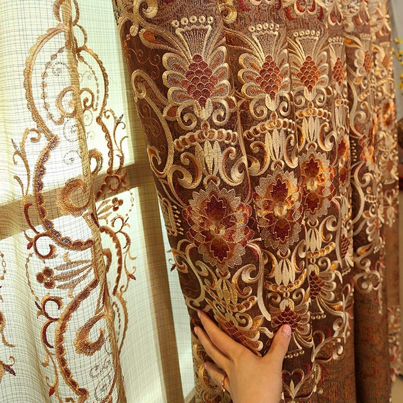 ELKCA European Embroidered Curtains for Living Room Luxury Brown Embroidered Window Curtains for Kitchen (52" W x 96" L,Pack of 2) - Image 2